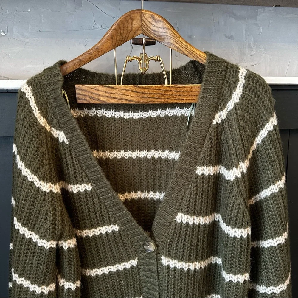 Grampa Core Oversized Slouchy Olive White Striped Sweater sz S‎